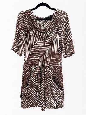 BCBGMAXAZRIA Silk Zebra Print Cowl Neck Belted Dress Brown Ivory Size Small